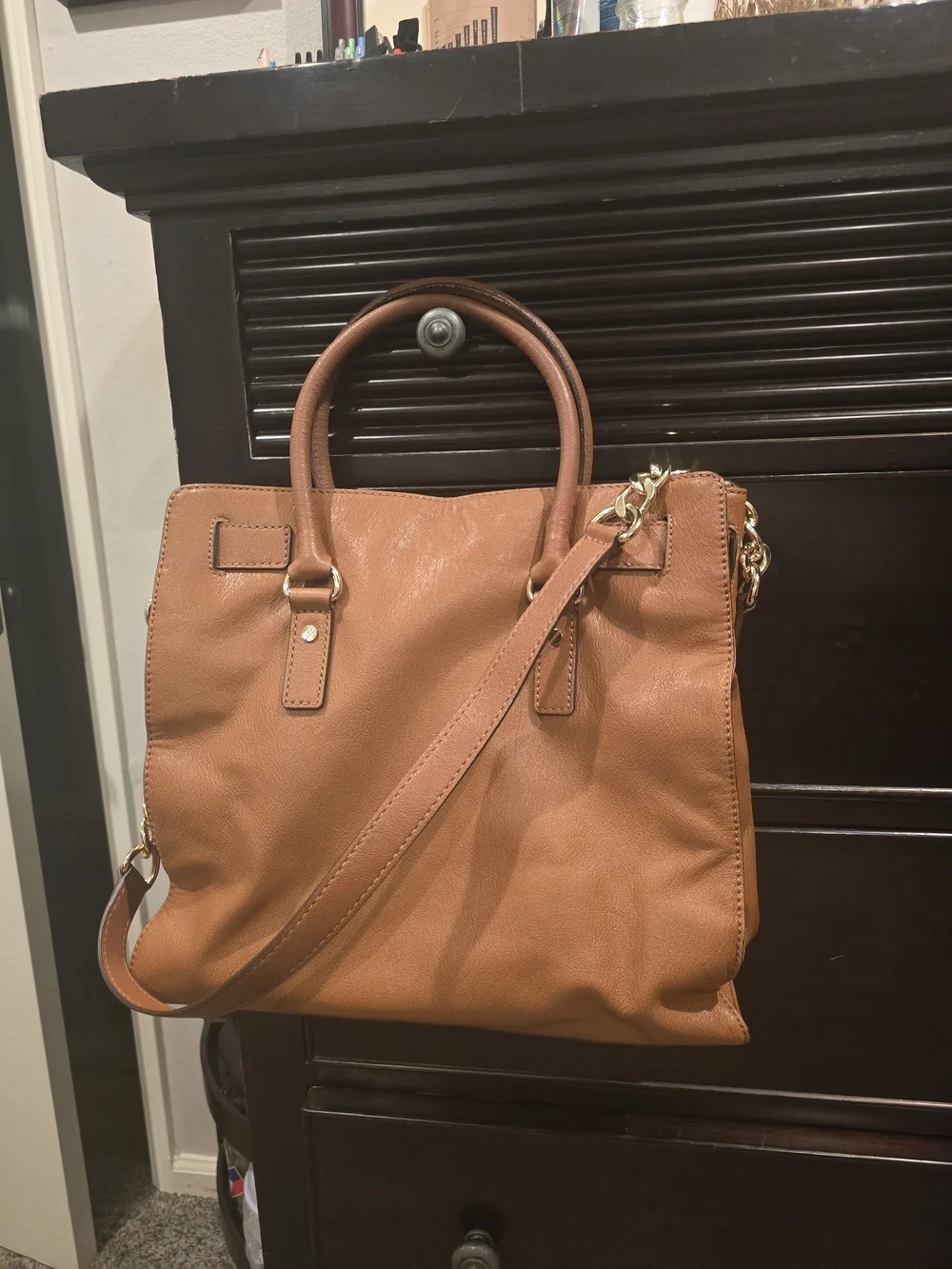 Michael Kors Cognac Leather Satchel with Gold-Tone Lock